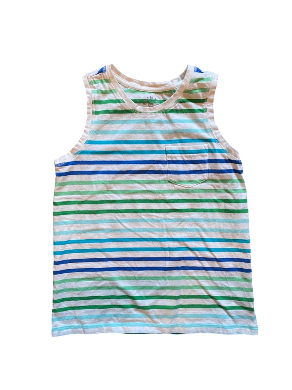 Primary Green and Blue Striped Pocket Tank Top - Size 8-9